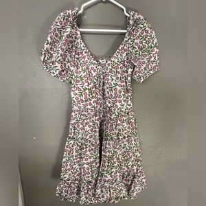 Rahi anthro pink floral puffy sleeve prairie mini dress womens M